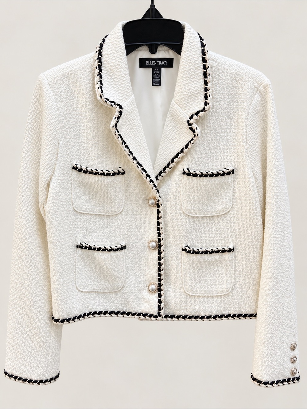 Ellen Tracy White Bouclé Blazer with Black Trim, NWT, size S
